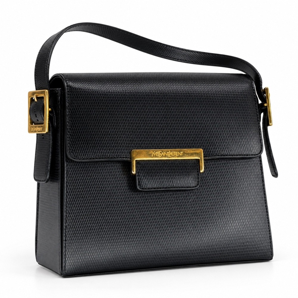 Yves Saint Laurent Vintage Shoulder Bag Black Textured Leather Luxury Retro